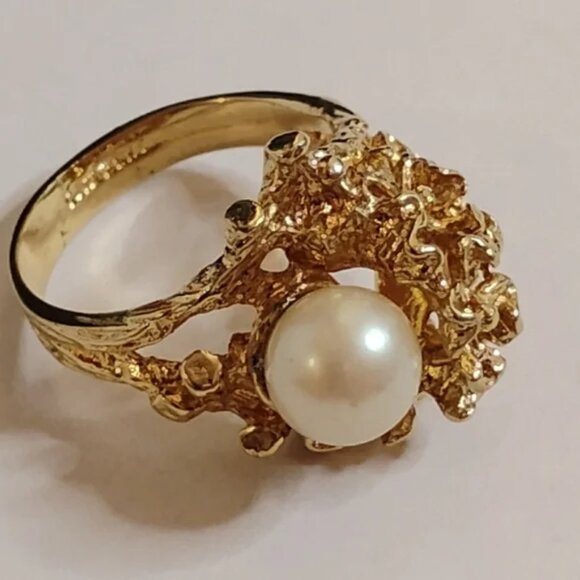 Vintage 18KT HGE Joseph Esposito ESPO Gold Plated Ring Size 5 With Pearl - Picture 1 of 7
